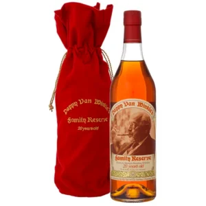 Pappy Van Winkle 20 Year Family Reserve Kentucky Straight Bourbon Whiskey bottle with red bag