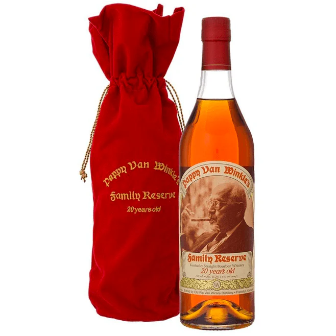 pappy-van-winkle-20-year-family-reserve Pappy Van Winkle 20 Year Family Reserve Kentucky Straight Bourbon Whiskey bottle with red bag